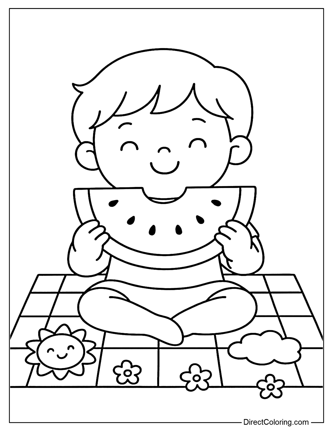 A coloring page of a boy holding a large slice of watermelon, sitting on a picnic blanket with cookies shaped like a sun and clouds.